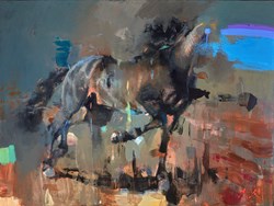 Two Blues & Two Greens by Christian Hook - Varnished Original Painting on Board sized 48x36 inches. Available from Whitewall Galleries